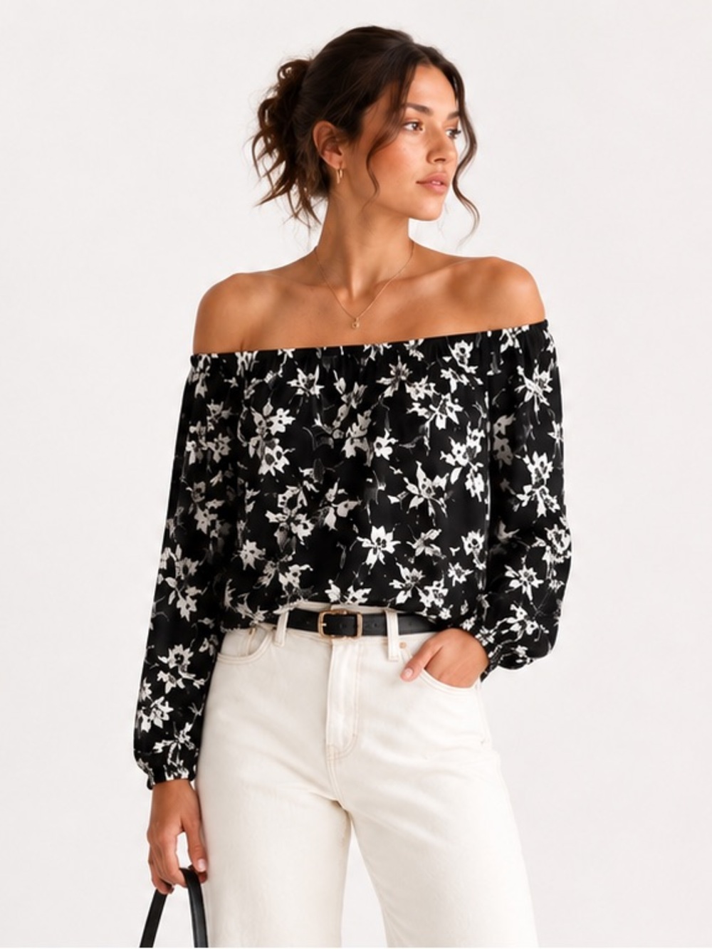 Black Tape_ Floral Off Shoulder Boho Peasant Blouse Cottagecore Romantic Top S